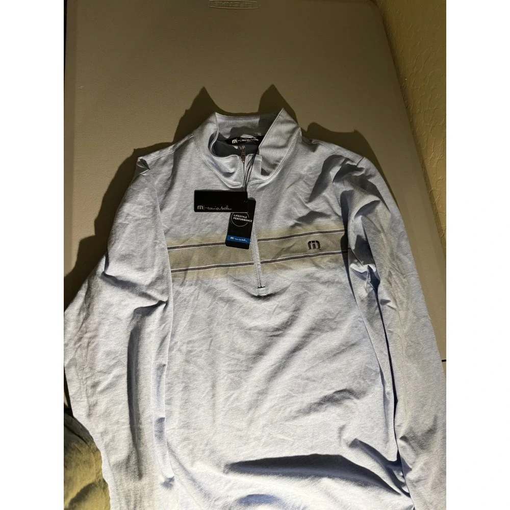 Travis Mathew Mens Blue Heathered Quarter Zip Pullover Chest Stripe Large NWT